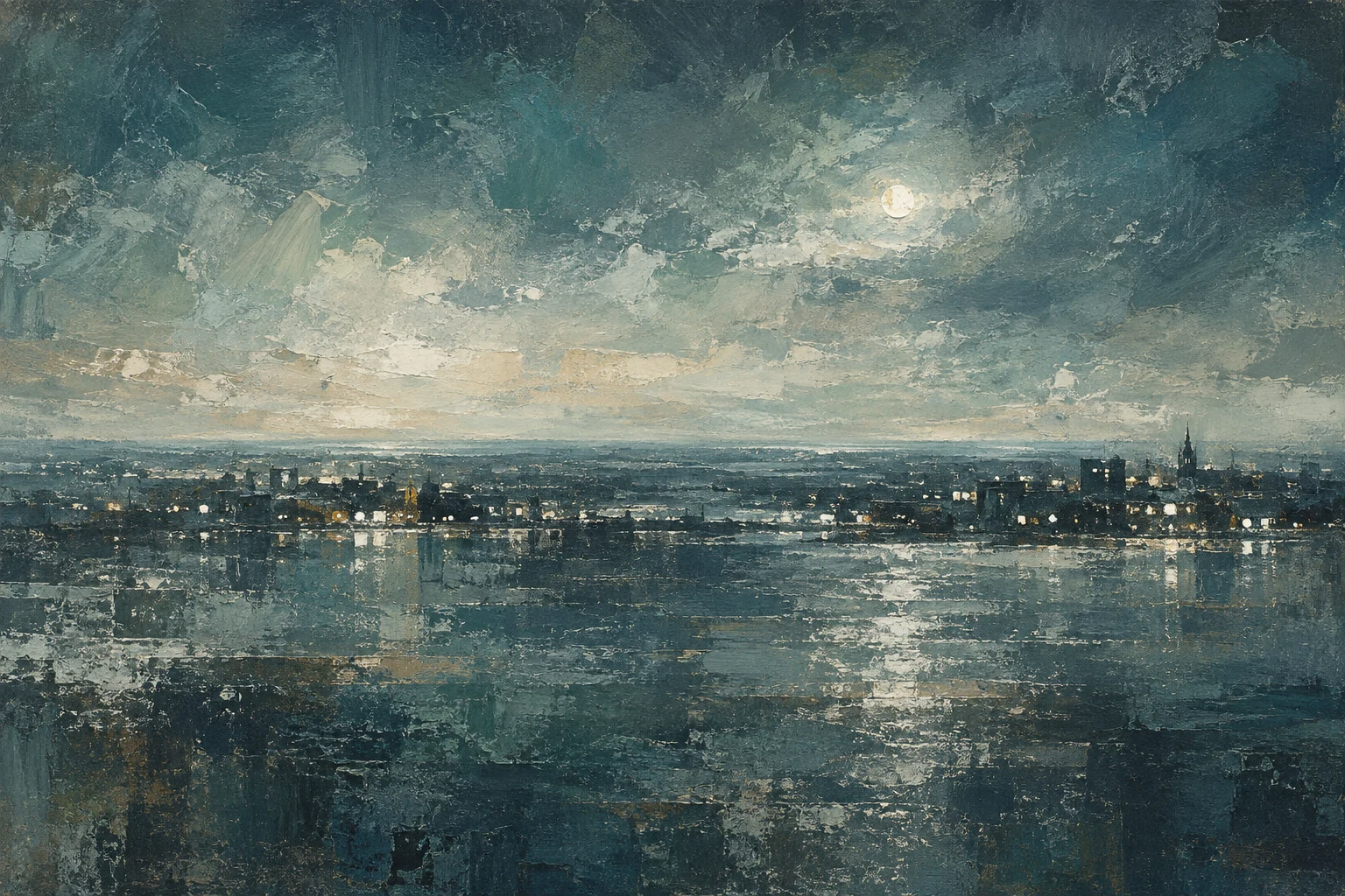 A night skyline as a few lit windows on dark in charcoal, gray, blue, green; landscape artwork.