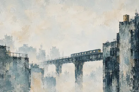 An elevated train line between buildings in cream, stone, gray, charcoal; landscape artwork.