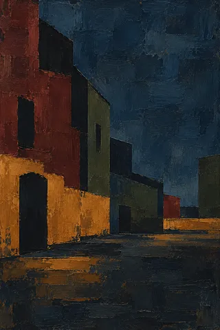 A street of brick warehouses in black, navy, burgundy, brown; portrait artwork.