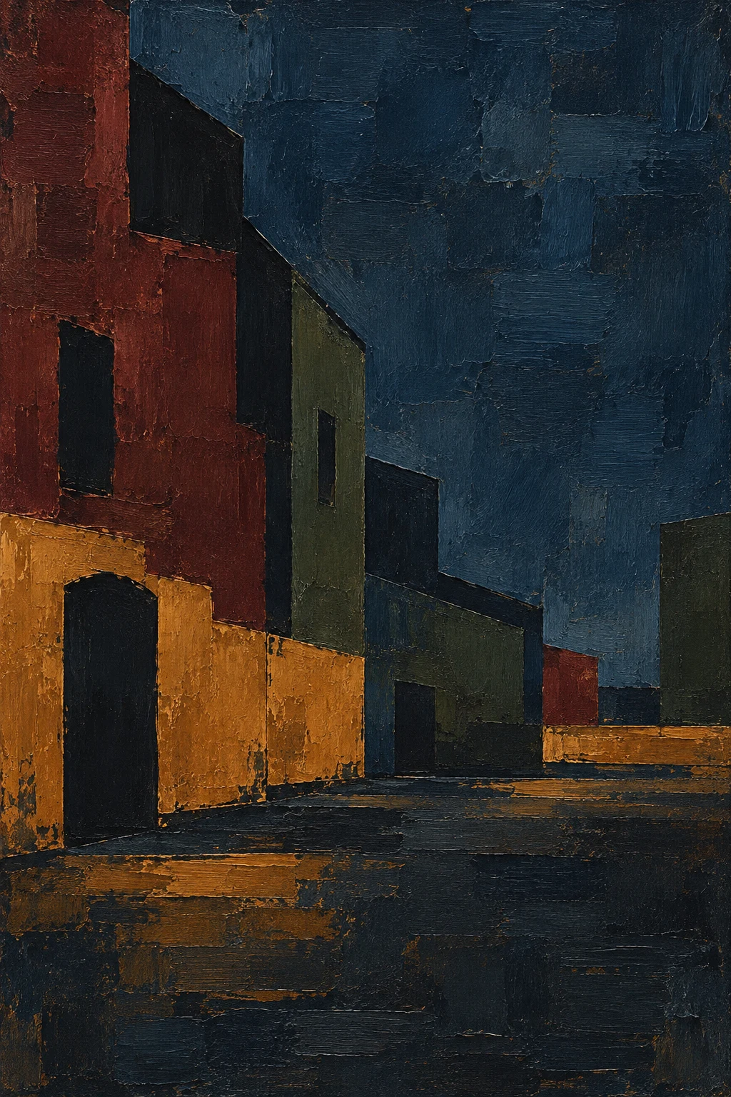 A street of brick warehouses in black, navy, burgundy, brown; portrait artwork.