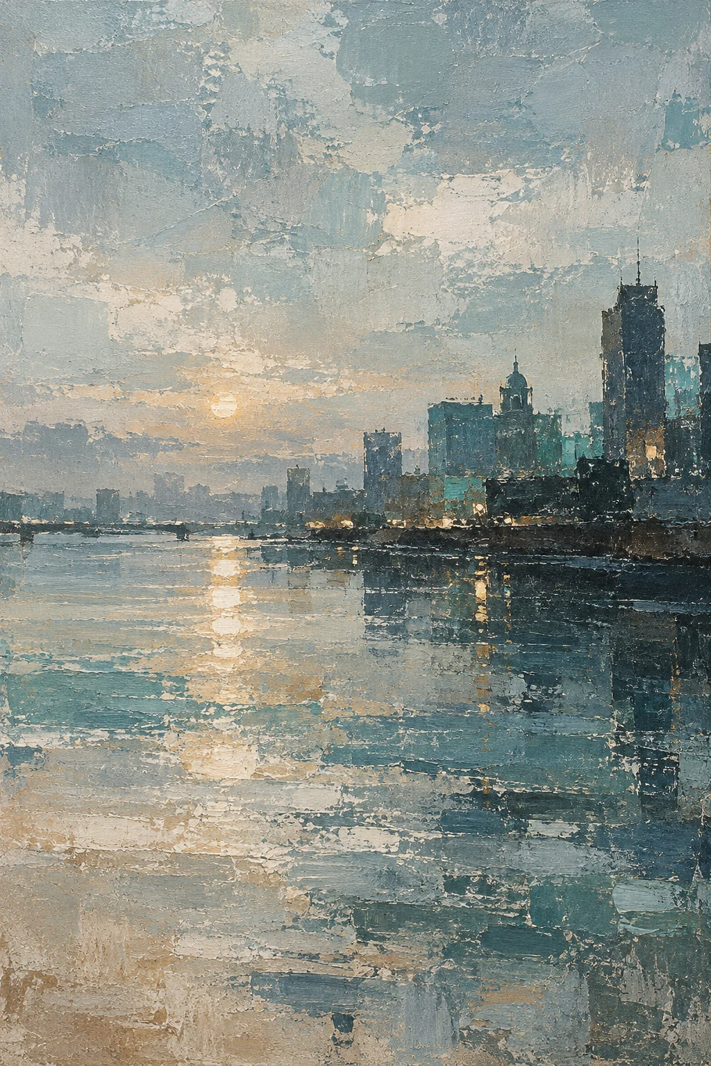A skyline seen across a river at dusk in gray, stone, charcoal, sand; portrait artwork.