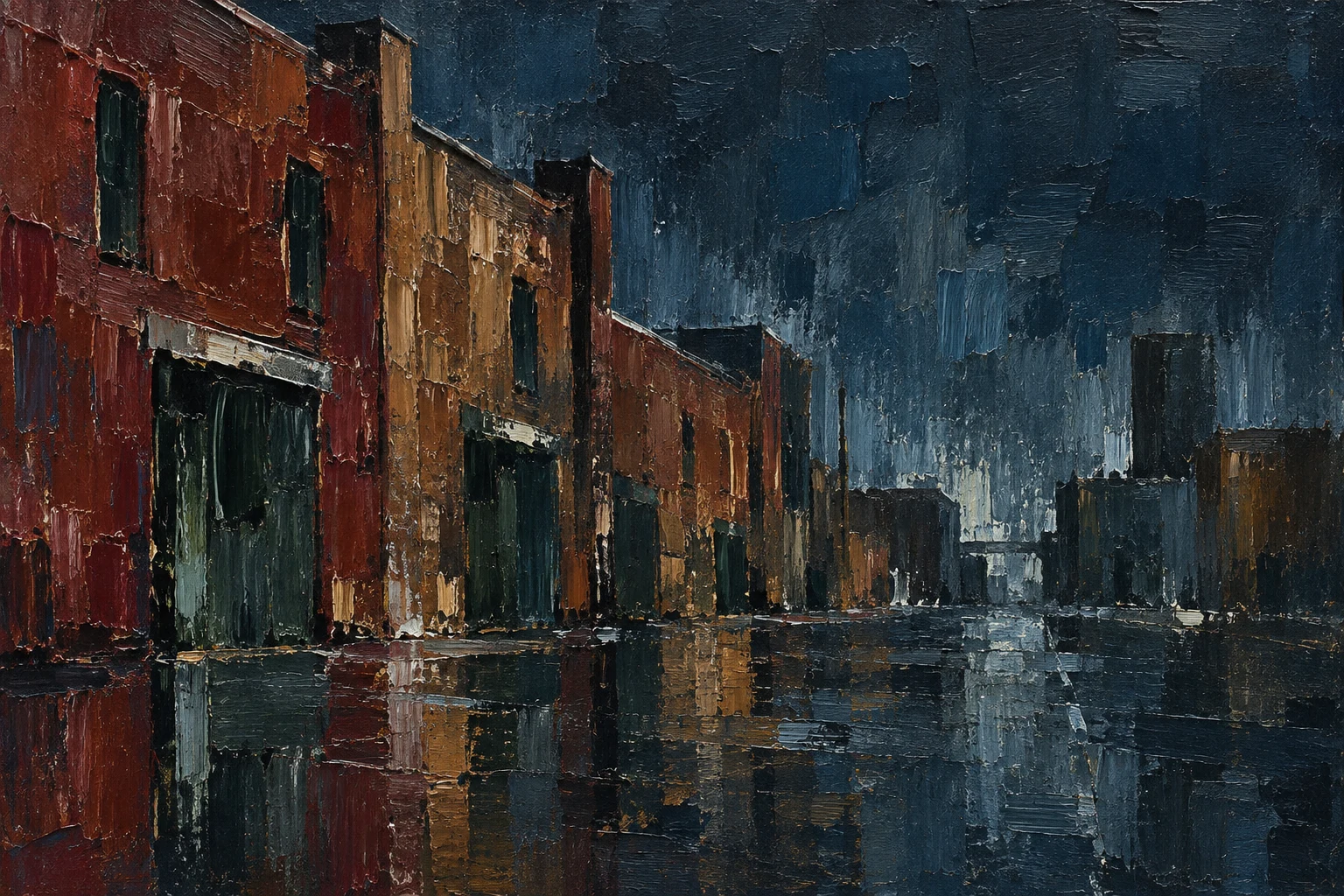 A street of brick warehouses in black, charcoal, navy, burgundy; landscape artwork.