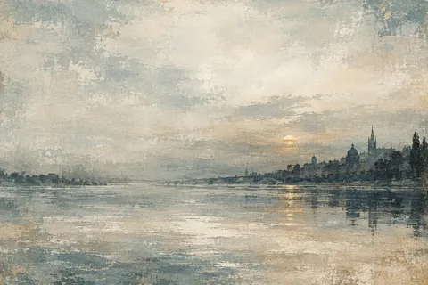 A skyline seen across a river at dusk in stone, cream, gray, charcoal; landscape artwork.