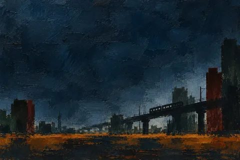 An elevated train line between buildings in black, charcoal; landscape artwork.