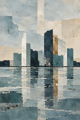 A skyline reduced to soft tonal blocks in stone, gray, olive, cream; portrait artwork.