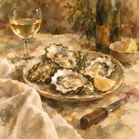 A plate of oysters in sand, brown, ochre, cream; square artwork.