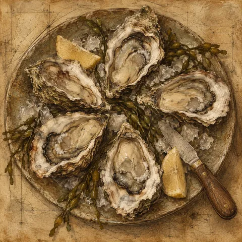 A plate of oysters in sand, brown, olive, ochre; square artwork.