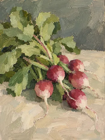 A bunch of radishes in stone, olive, taupe, charcoal; portrait artwork.