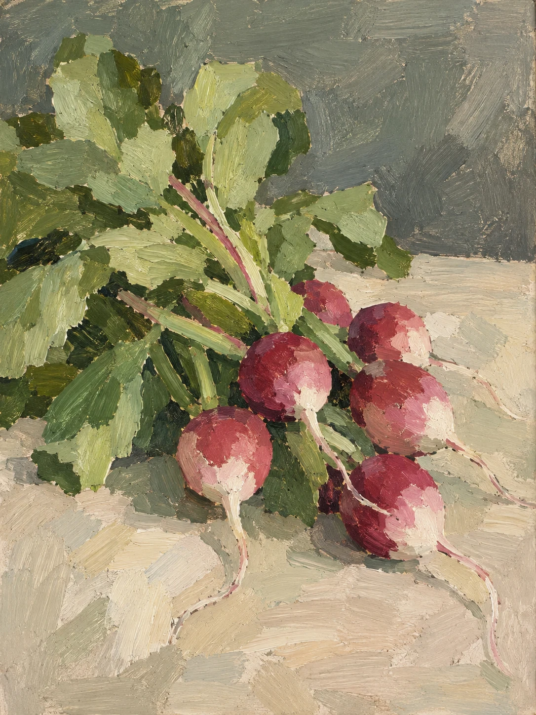 A bunch of radishes in stone, olive, taupe, charcoal; portrait artwork.