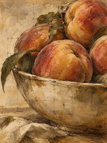 A bowl of peaches in sand, ochre, brown, terracotta; portrait artwork.