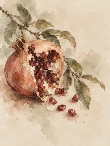 A pomegranate split open in cream, taupe, stone, rust; portrait artwork.