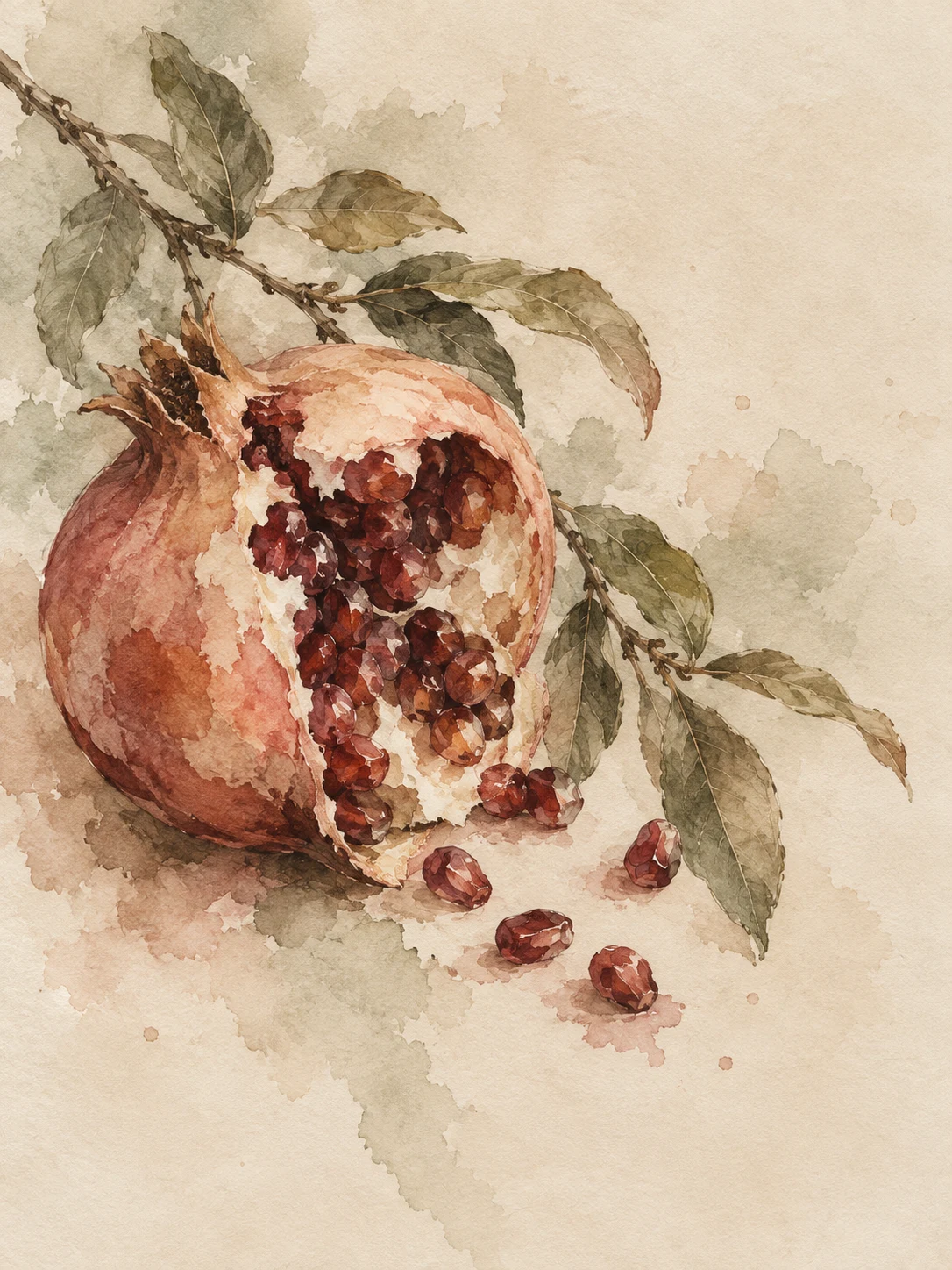 A pomegranate split open in cream, taupe, stone, rust; portrait artwork.