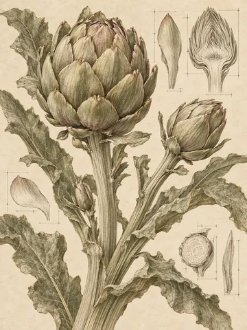 An artichoke in cream, taupe, sage, sand; portrait artwork.