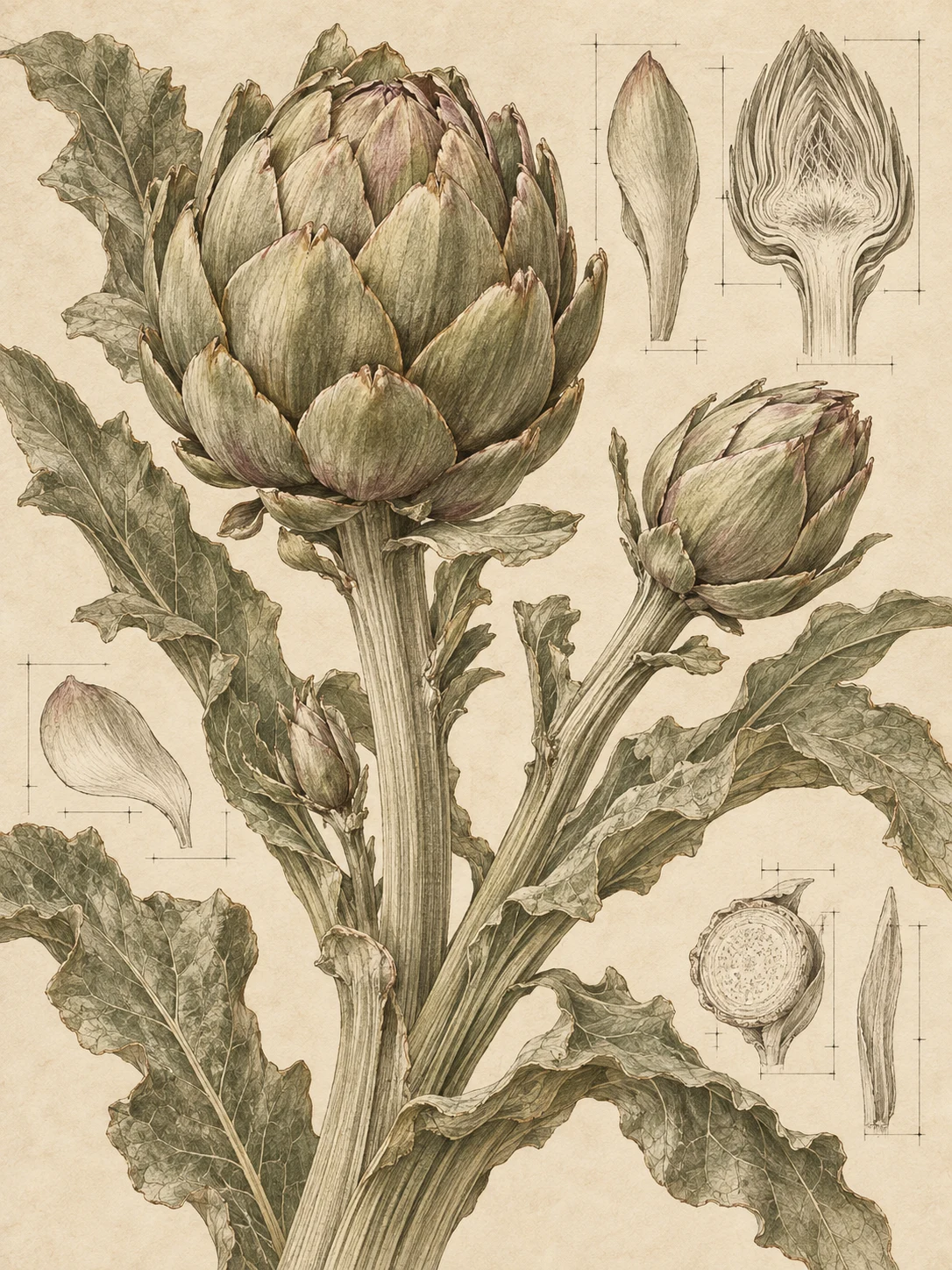 An artichoke in cream, taupe, sage, sand; portrait artwork.