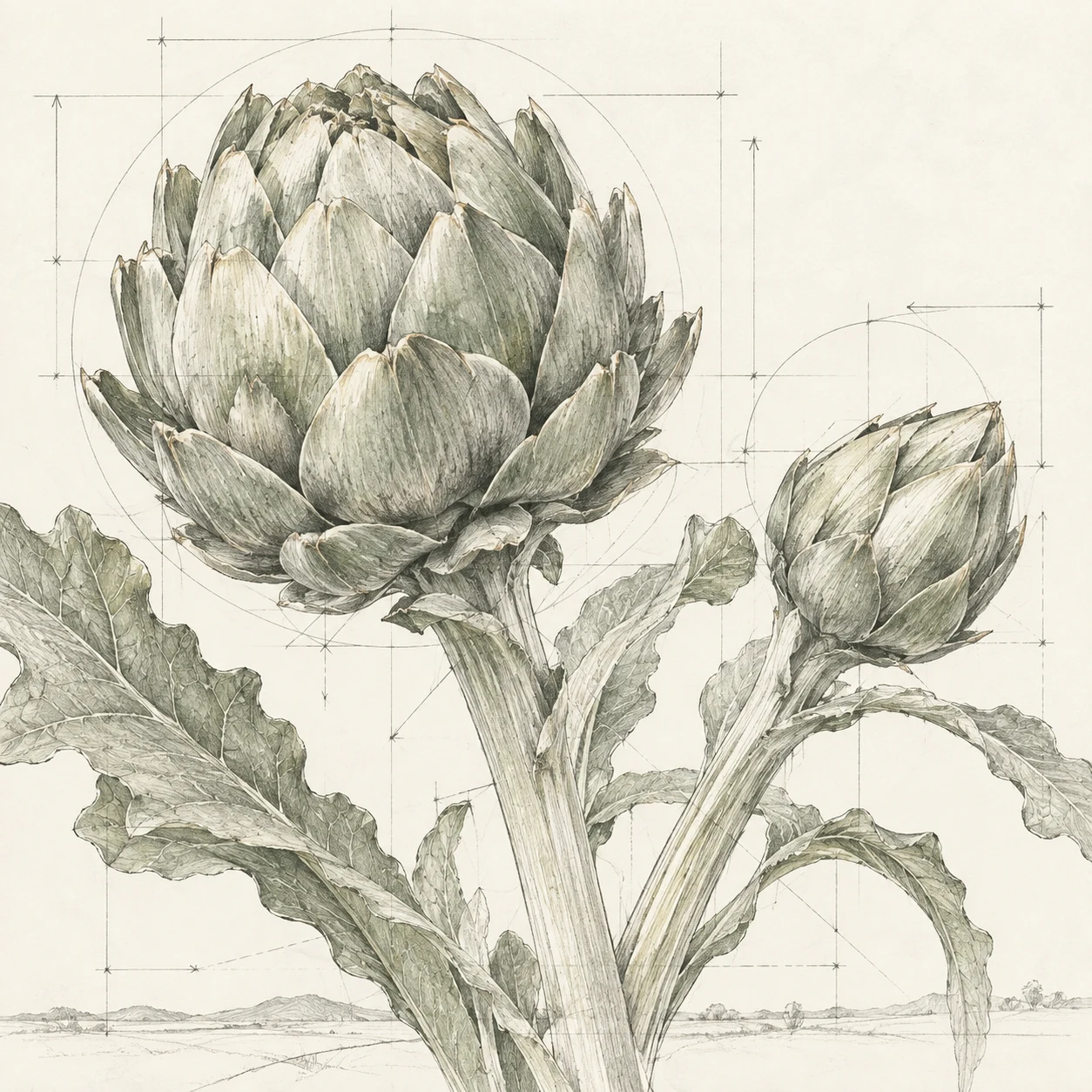 An artichoke in white, sand, stone, cream; square artwork.