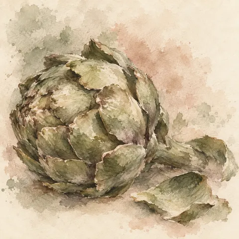 An artichoke in cream, stone, taupe, sand; square artwork.