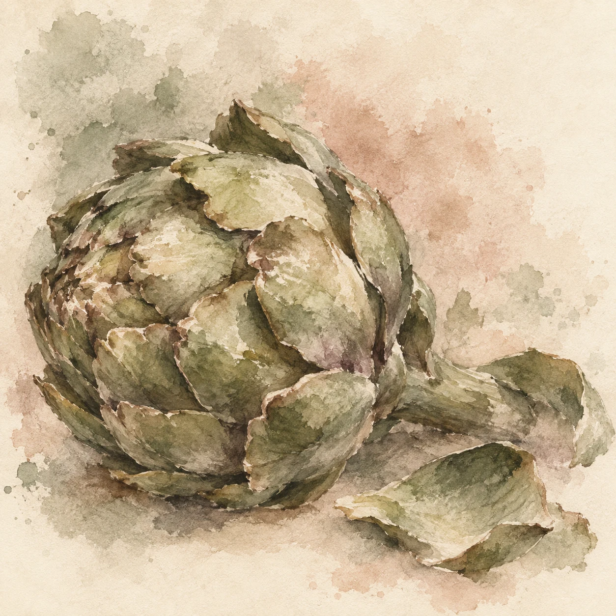 An artichoke in cream, stone, taupe, sand; square artwork.