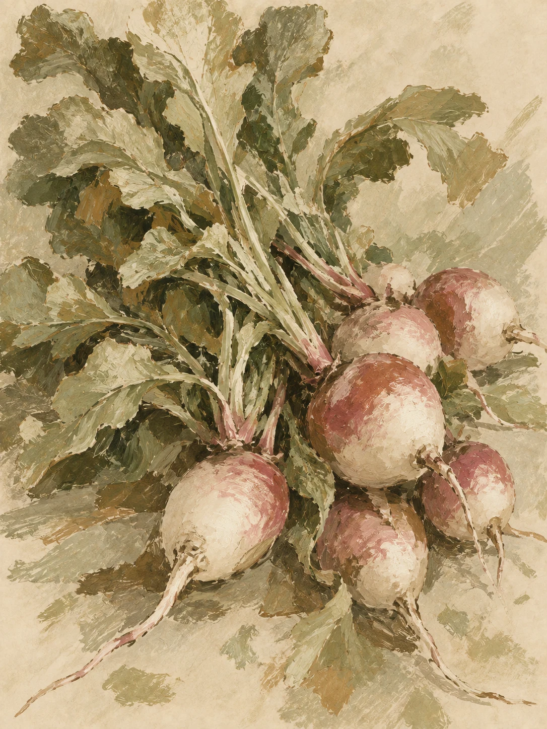 A bunch of radishes in sand, olive, cream, taupe; portrait artwork.