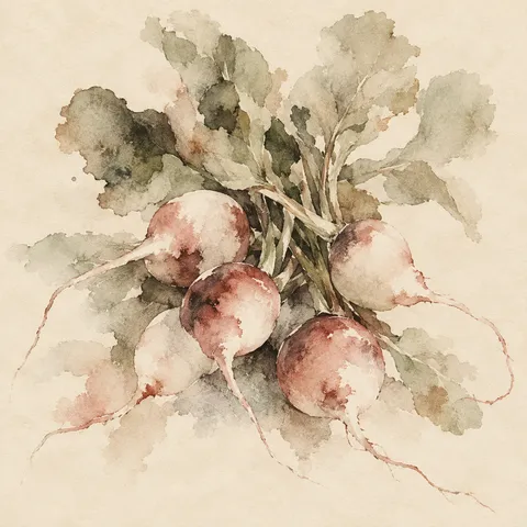 A bunch of radishes in cream, stone, sand, olive; square artwork.