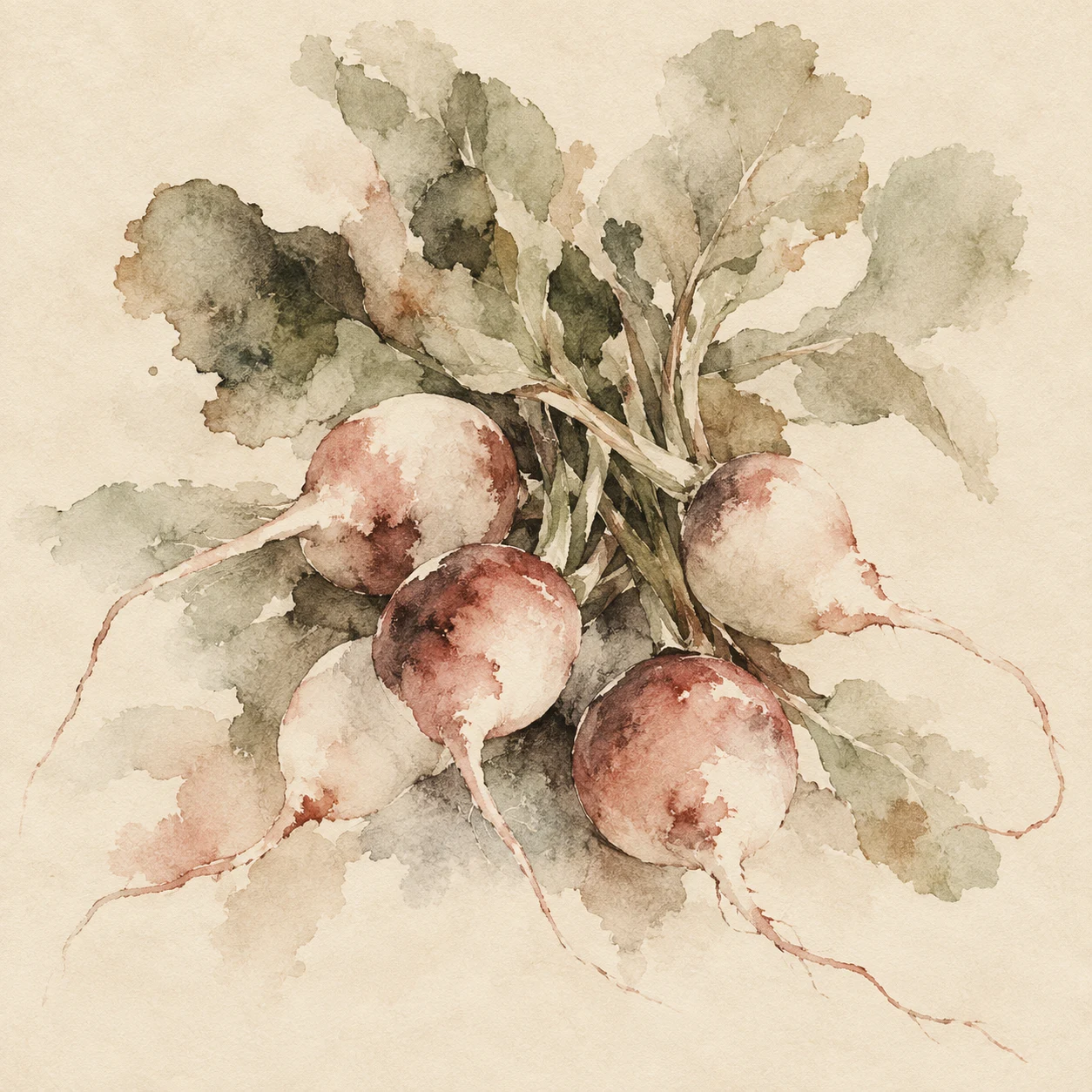 A bunch of radishes in cream, stone, sand, olive; square artwork.