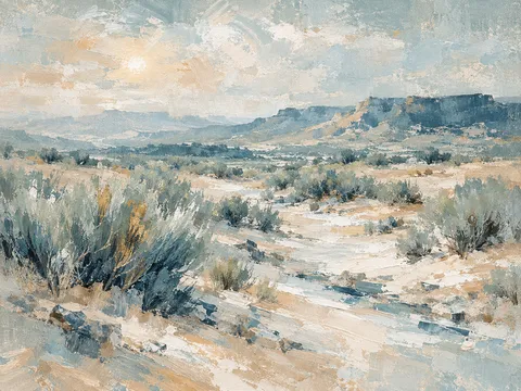 A desert wash with sagebrush in stone, cream, gray; landscape artwork.
