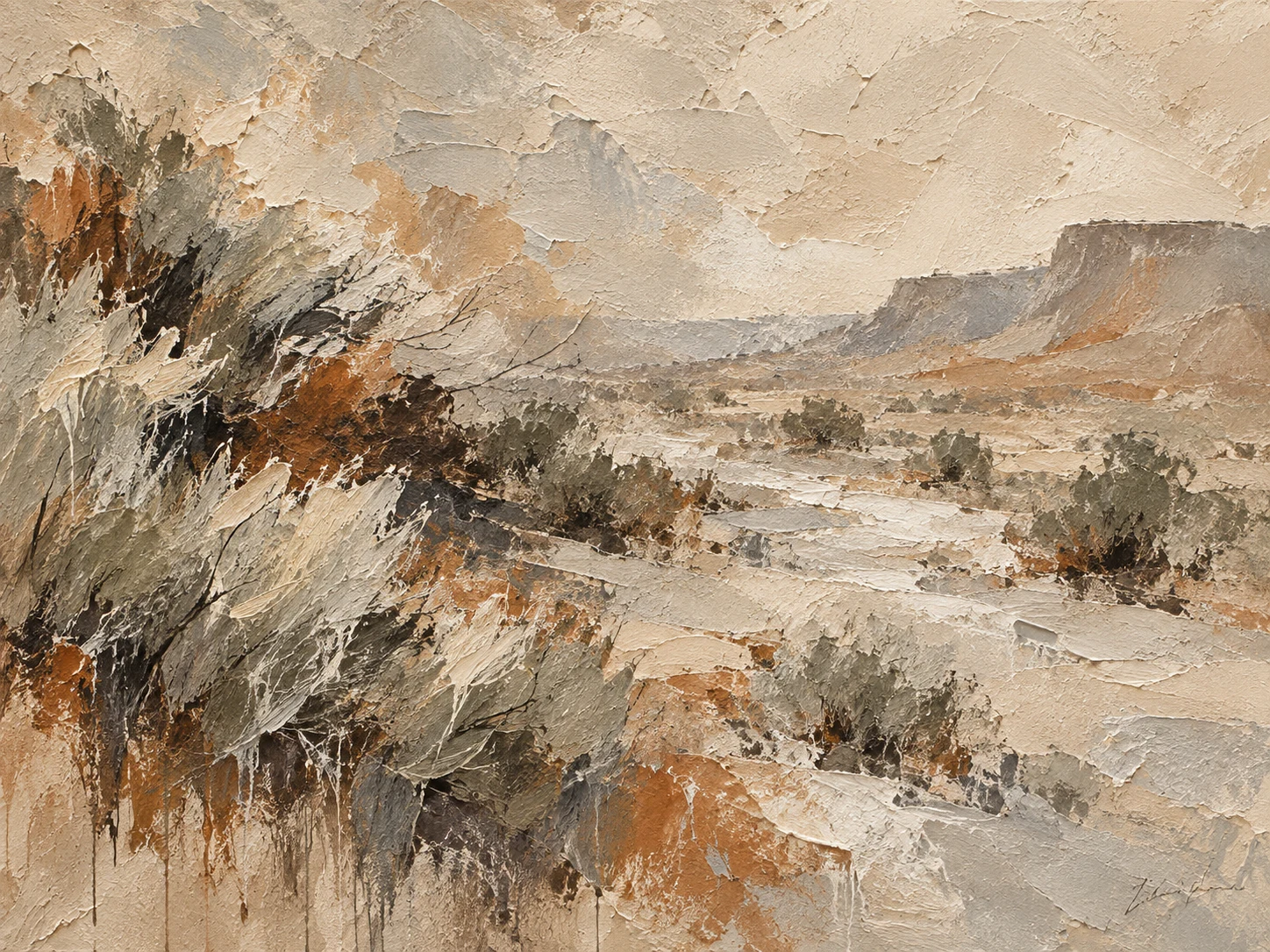 A desert wash with sagebrush in sand, stone, taupe, sage; landscape artwork.