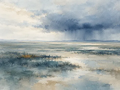 A wide plain with a distant storm in stone, cream, gray, blue; landscape artwork.