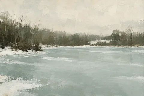 A frozen pond ringed with bare trees in stone, cream, brown, gray; landscape artwork.