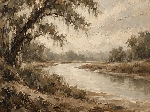 A bend in a slow southern river in taupe, stone, olive, brown; landscape artwork.