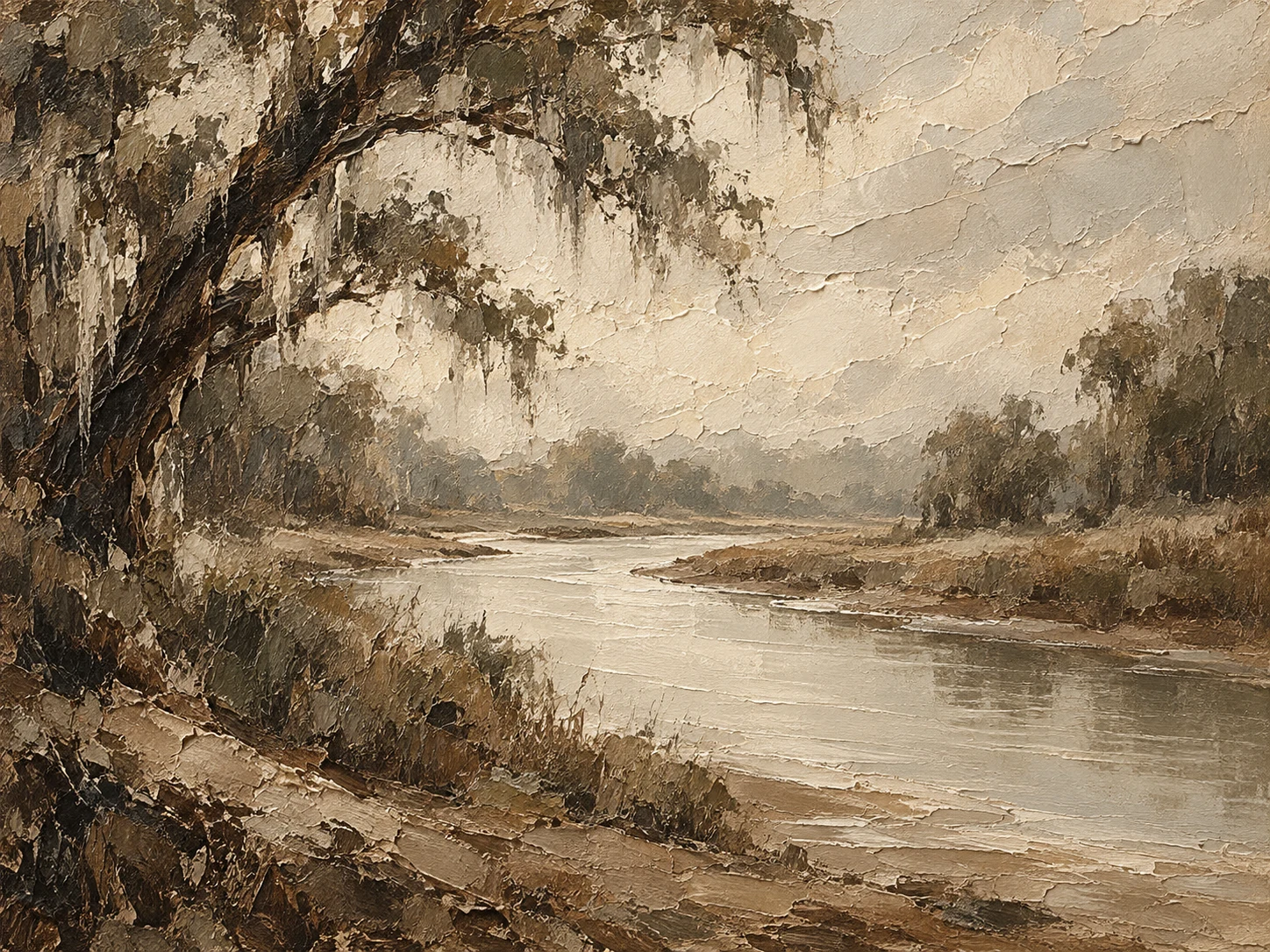 A bend in a slow southern river in taupe, stone, olive, brown; landscape artwork.