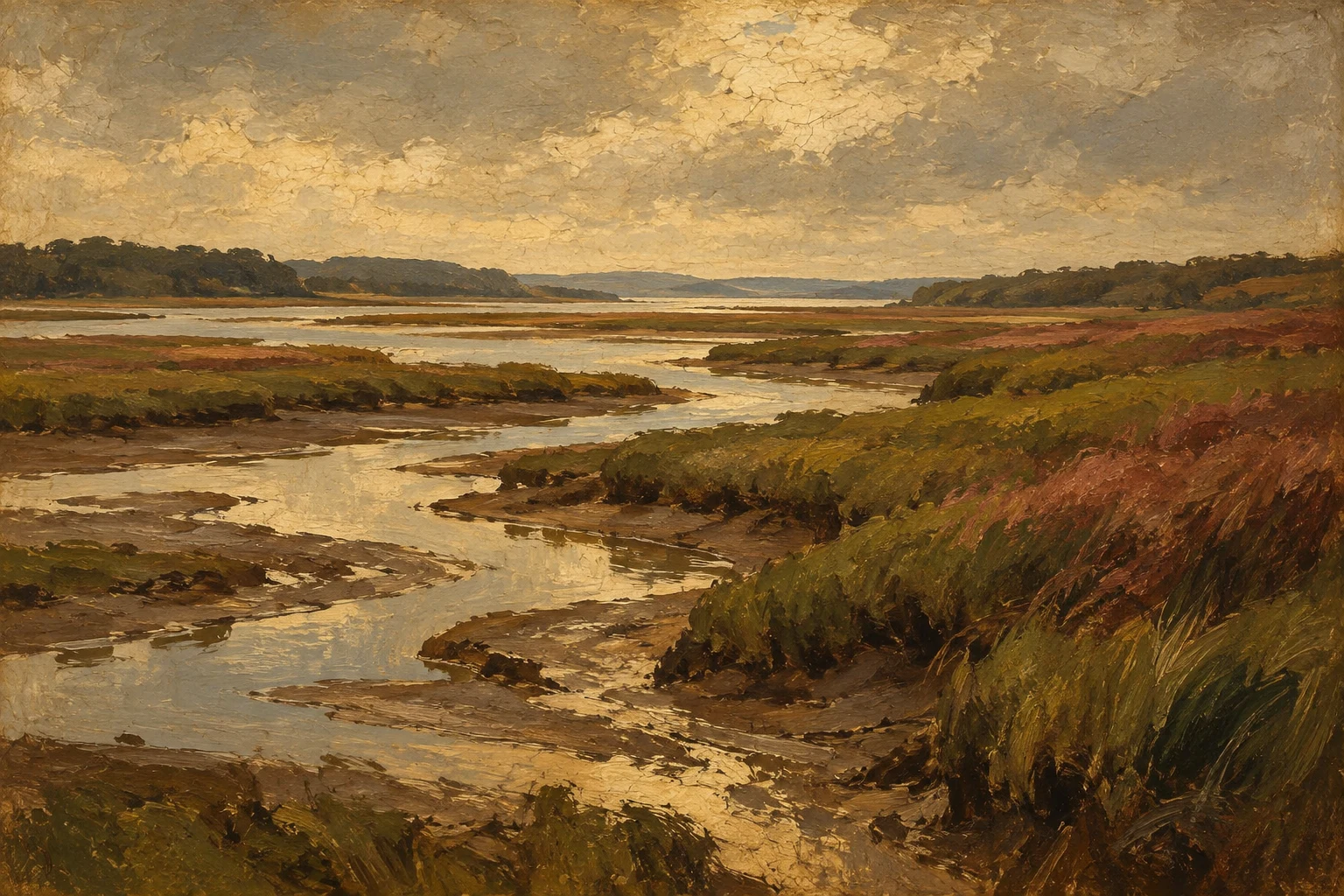 A salt marsh at low tide with winding channels in brown, taupe, sand, black; landscape artwork.