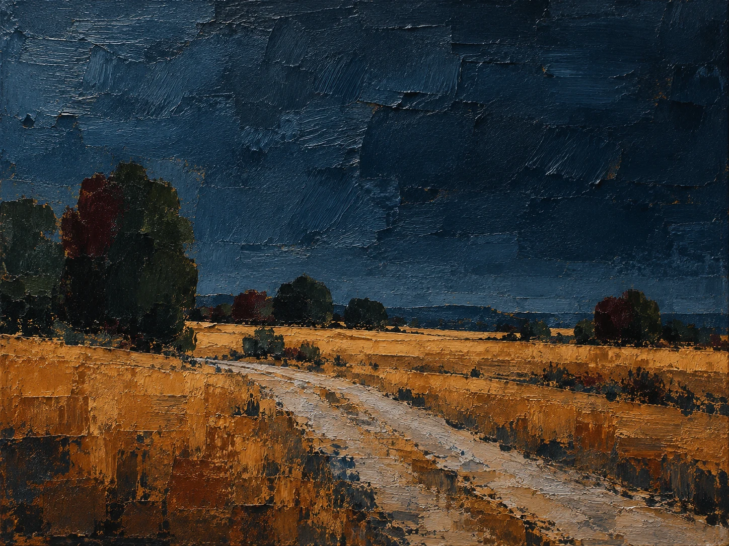 A wheat field with a gravel road in black, navy, terracotta, charcoal; landscape artwork.