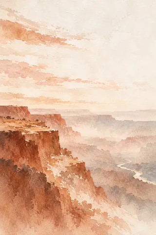 A canyon rim with a sliver of river far below in cream, white, blush, terracotta; portrait artwork.
