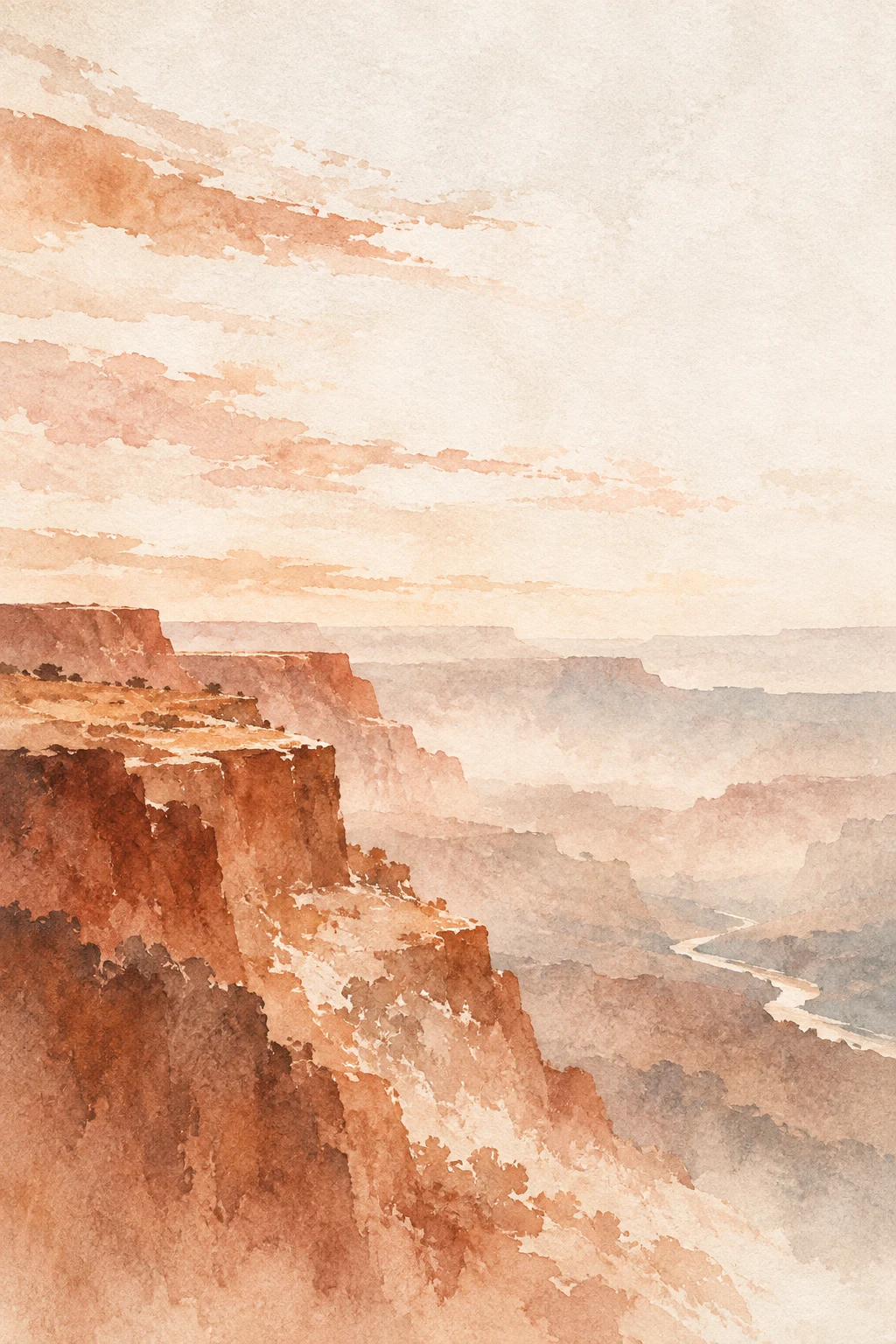 A canyon rim with a sliver of river far below in cream, white, blush, terracotta; portrait artwork.