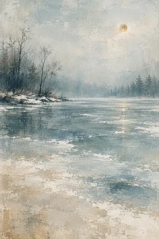 A frozen pond ringed with bare trees in stone, gray, cream; portrait artwork.