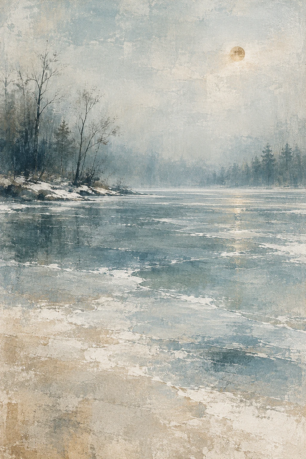 A frozen pond ringed with bare trees in stone, gray, cream; portrait artwork.
