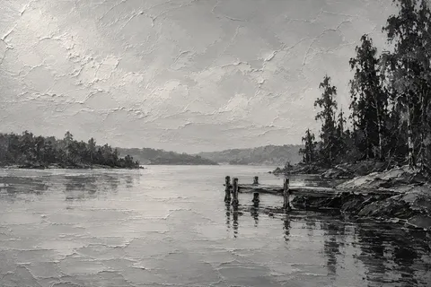 A quiet lake with a single dock in stone, gray, black, charcoal; landscape artwork.