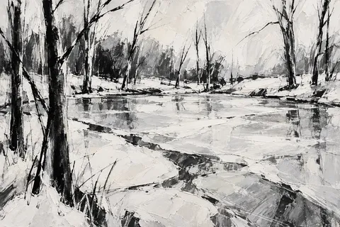 A frozen pond ringed with bare trees in cream, gray, stone, charcoal; landscape artwork.