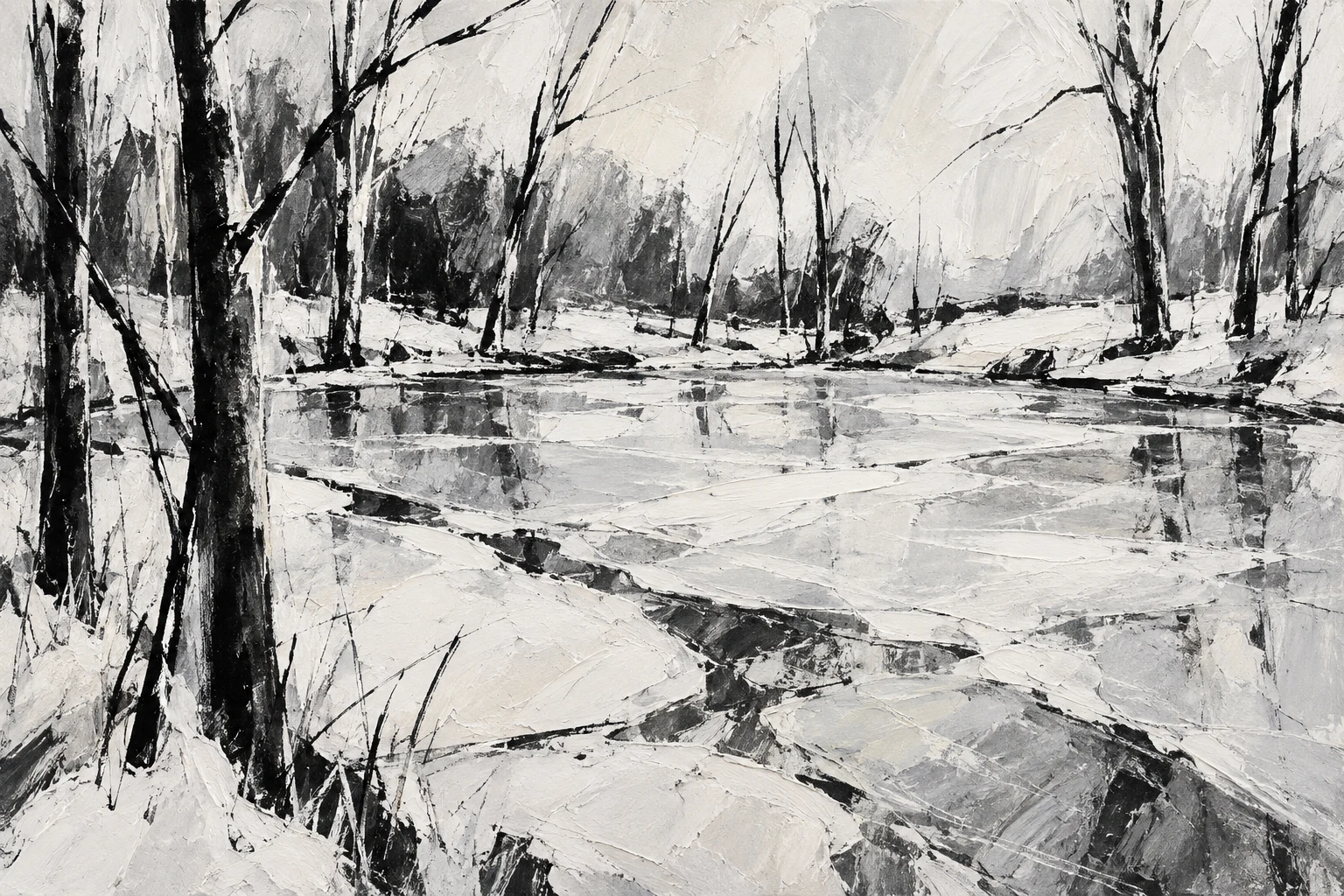 A frozen pond ringed with bare trees in cream, gray, stone, charcoal; landscape artwork.