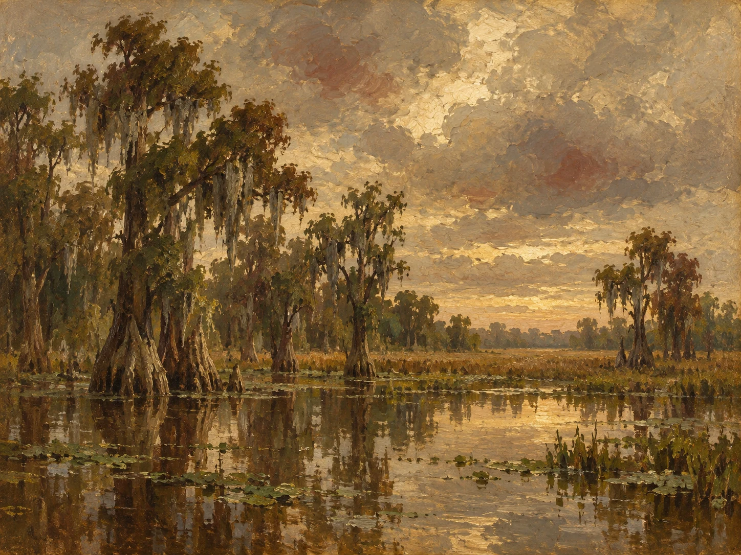 A cypress swamp in still water in brown, ochre, taupe, burgundy; landscape artwork.