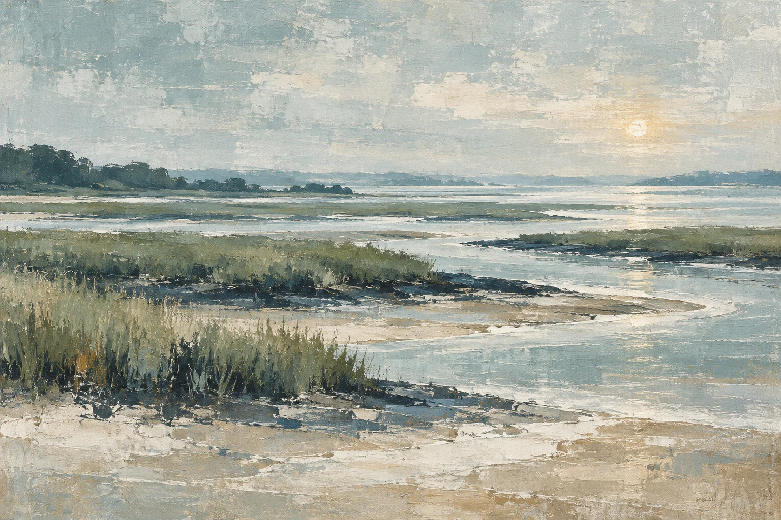 A salt marsh at low tide with winding channels in stone, gray, sand, cream; landscape artwork.