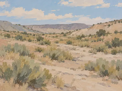 A desert wash with sagebrush in sand, sage, sky blue, stone; landscape artwork.