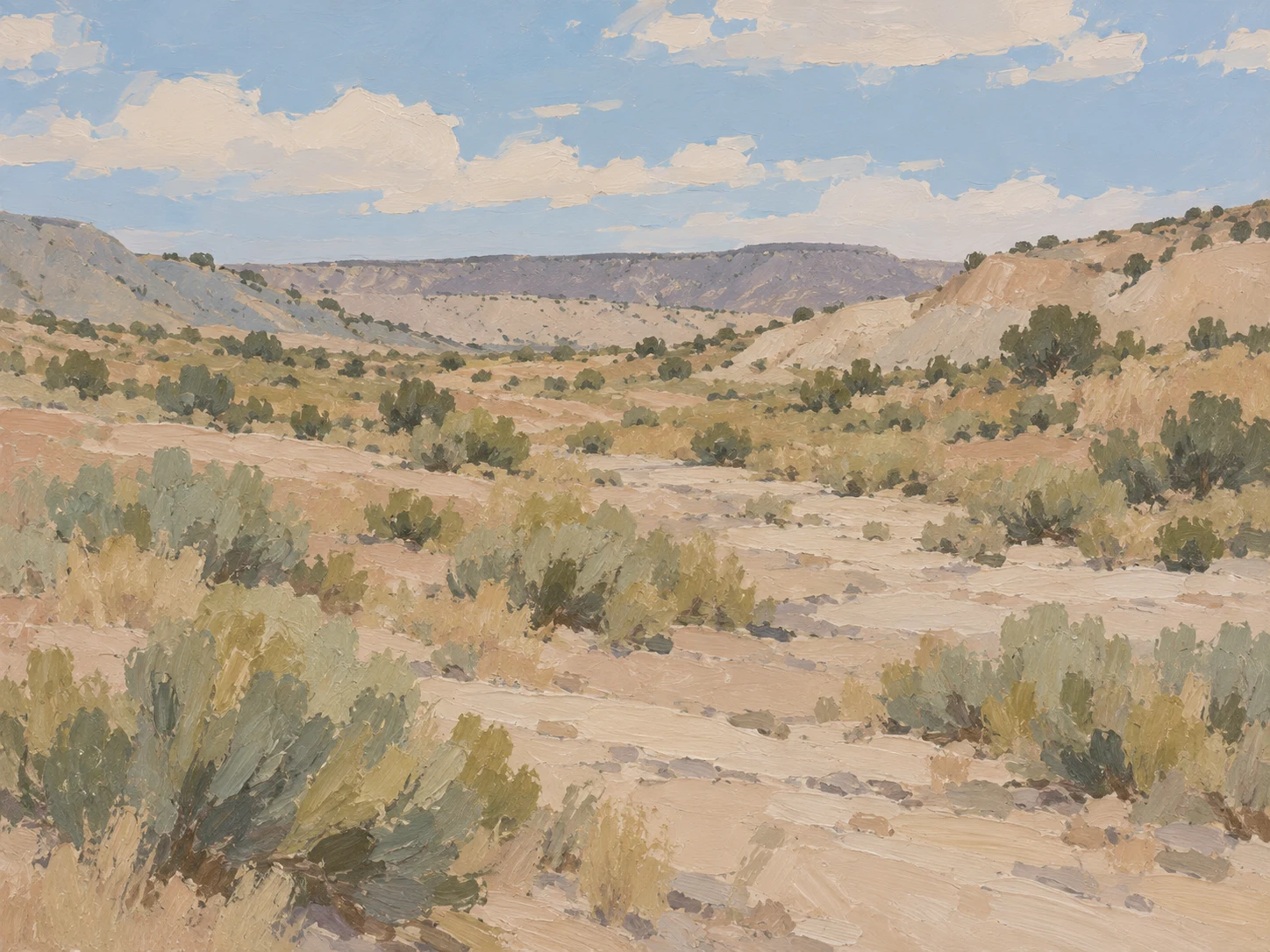 A desert wash with sagebrush in sand, sage, sky blue, stone; landscape artwork.