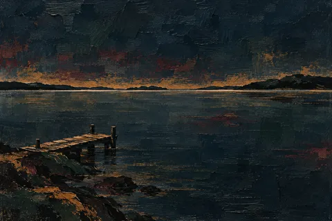 A quiet lake with a single dock in black, brown; landscape artwork.