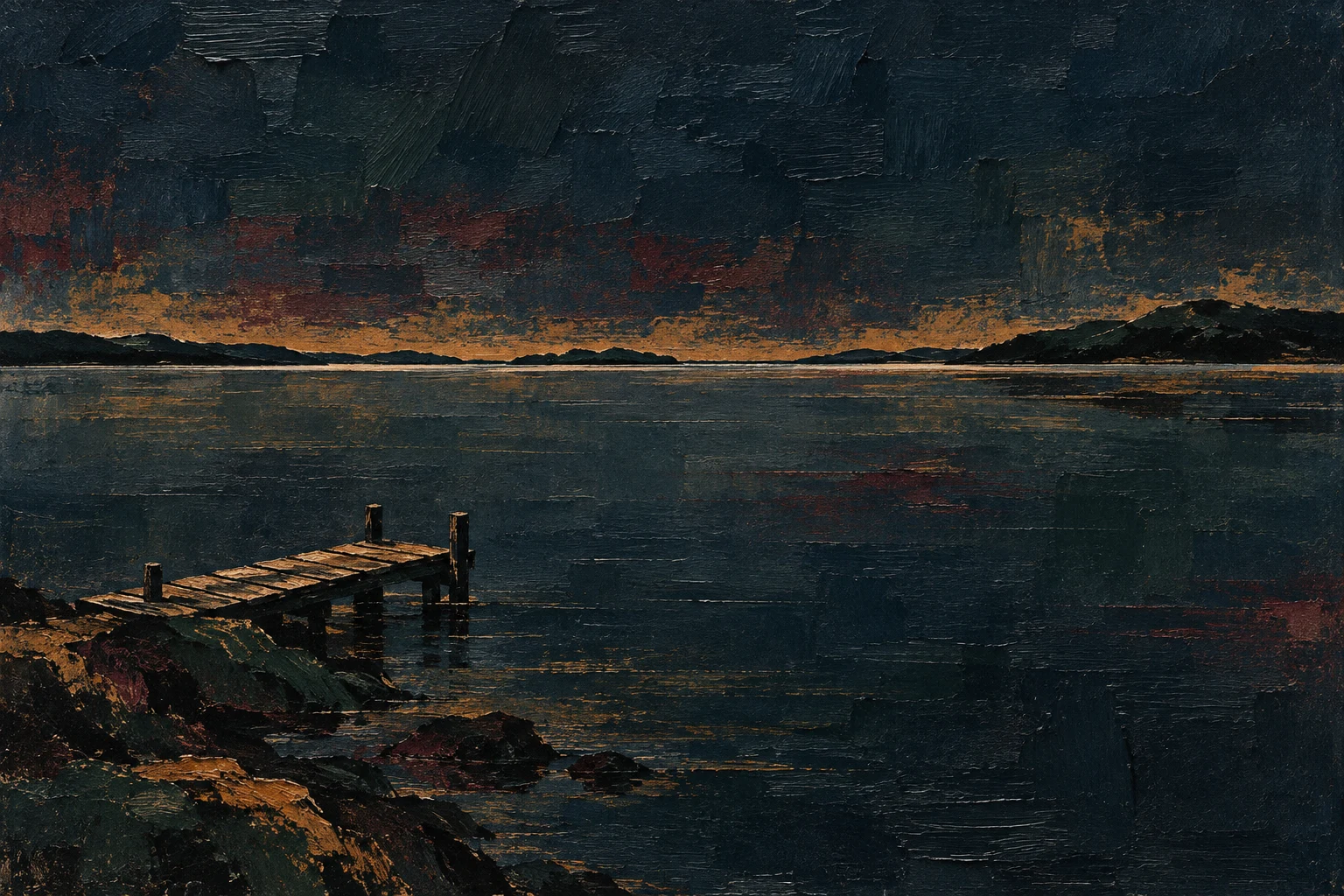 A quiet lake with a single dock in black, brown; landscape artwork.