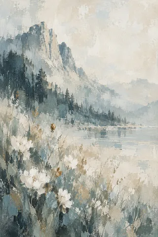 A meadow of wildflowers below a granite peak in cream, gray, stone, charcoal; portrait artwork.
