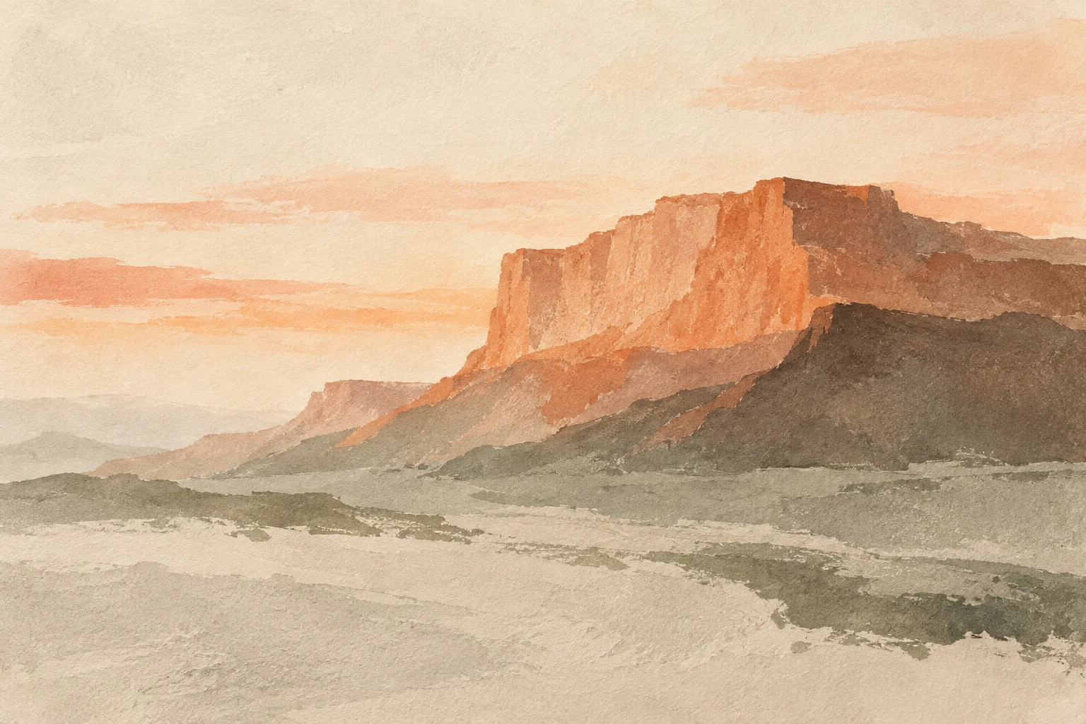 A red-rock mesa at dusk in cream, blush, taupe, sand; landscape artwork.