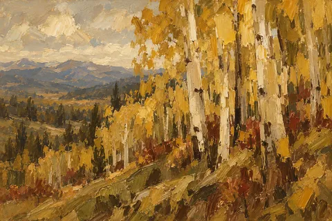 Aspen trunks on a Colorado hillside in brown, sand, ochre, terracotta; landscape artwork.