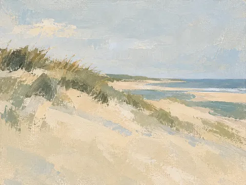 Dunes with beach grass under a pale sky in cream, stone, sage; landscape artwork.