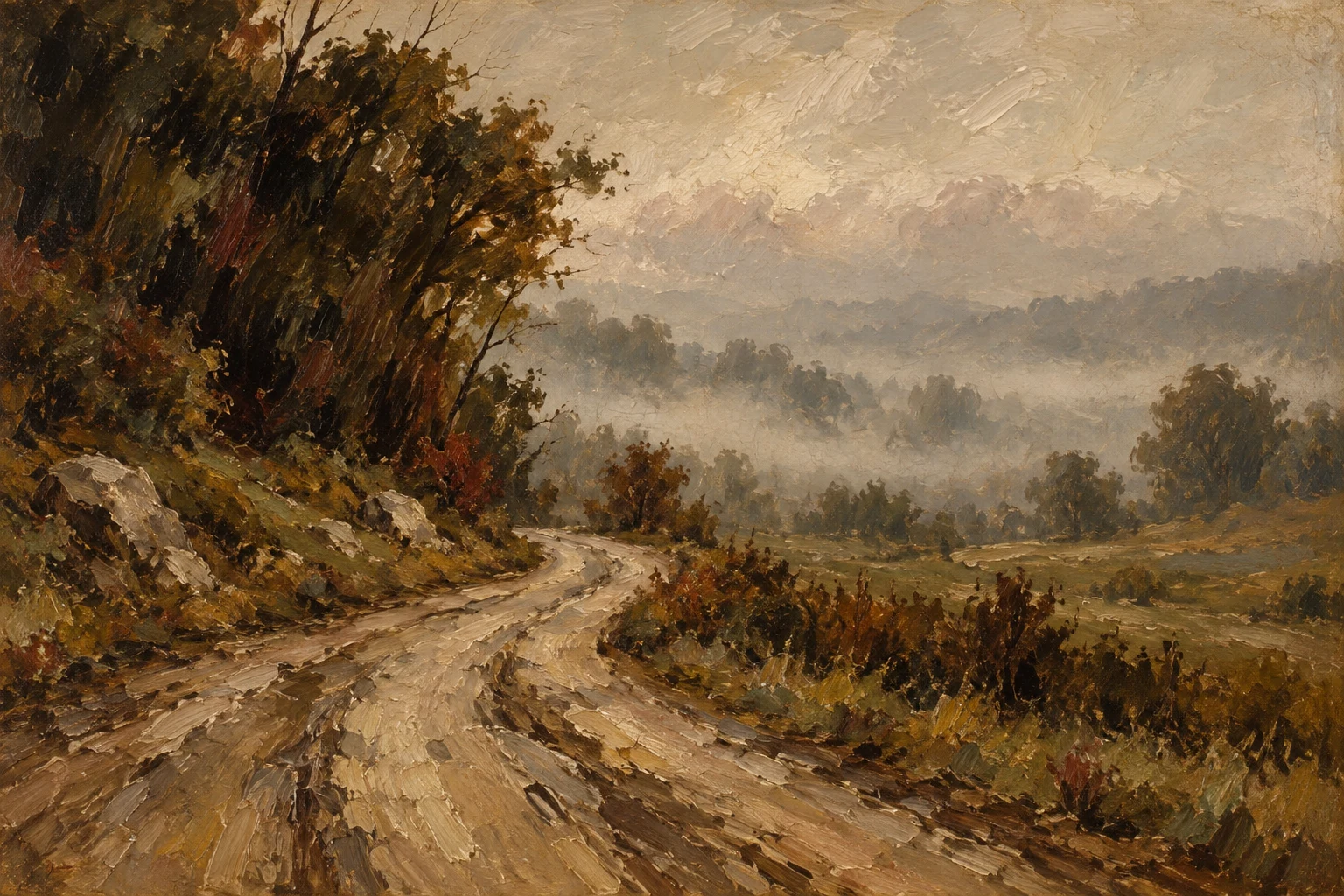 A dirt road curving into fog in sand, brown, burgundy, olive; landscape artwork.